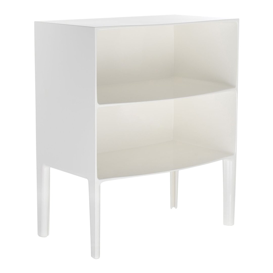White minimalist cabinet with two open shelves and clear legs, perfect for modern decor.