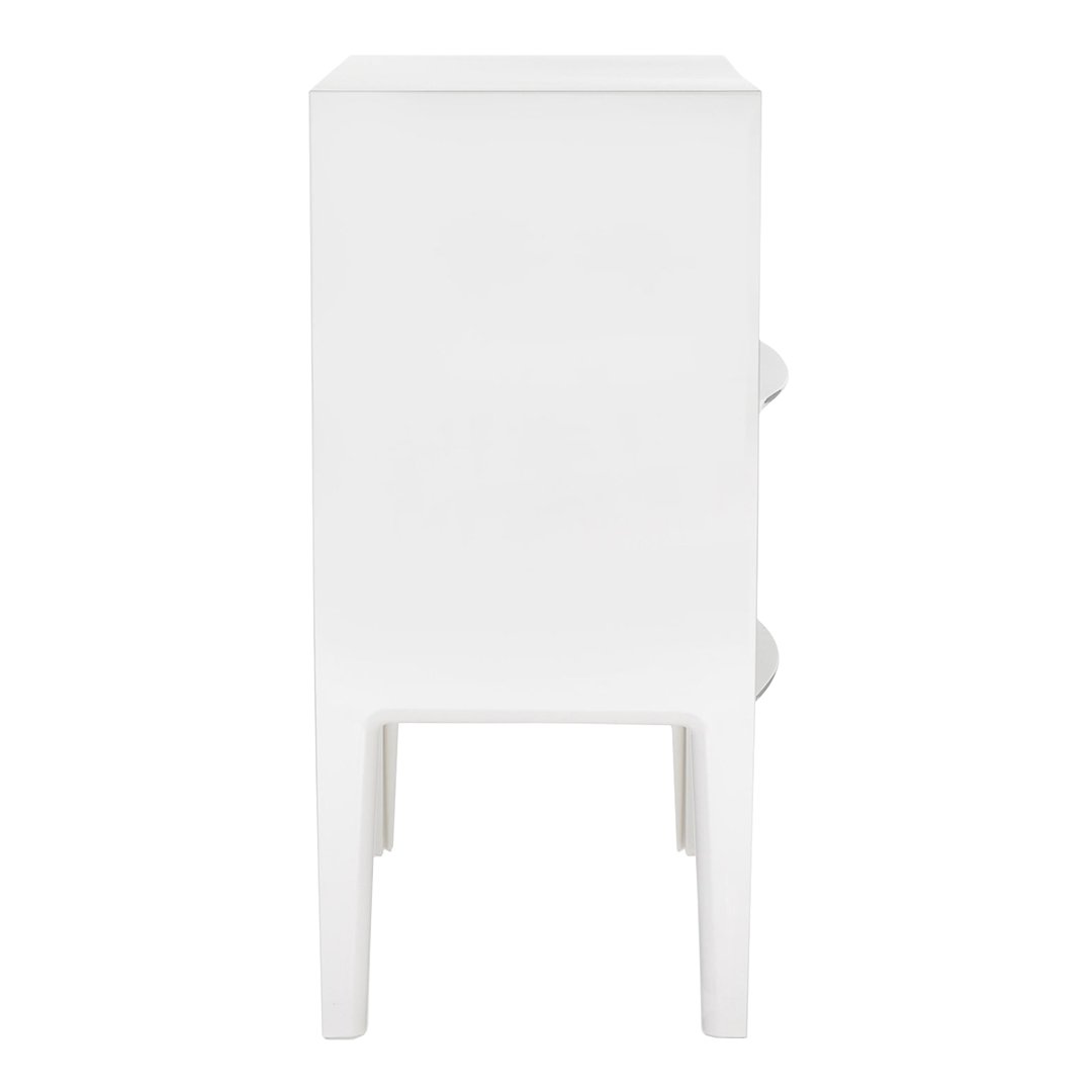 White modern nightstand with a sleek, minimalist design and smooth surface. Ideal for contemporary decor.