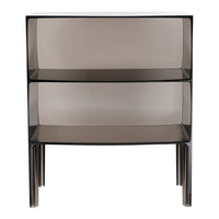 Modern two-tiered shelf in transparent smoky glass with sleek black supports. Ideal for stylish storage solutions.