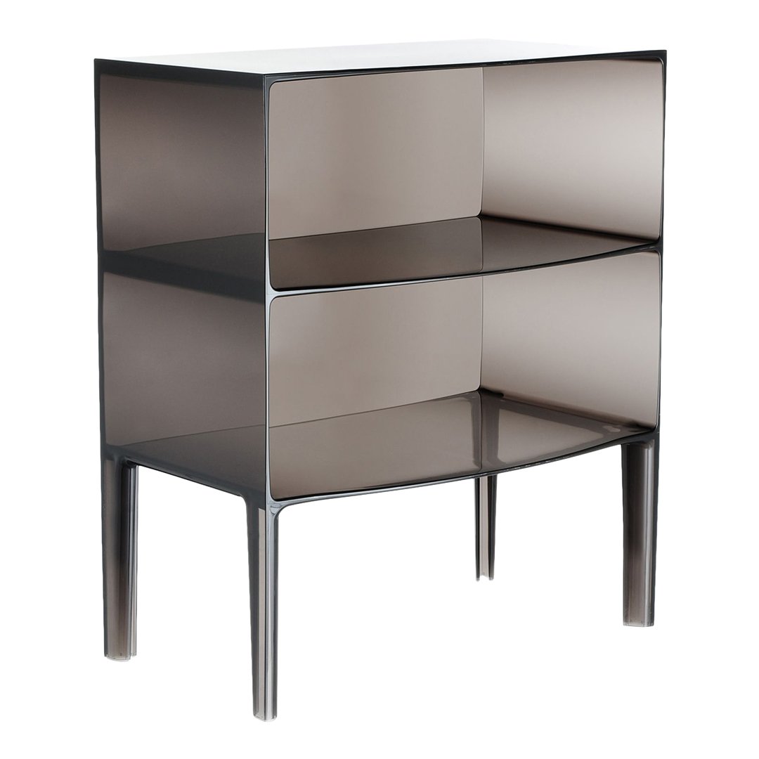Sleek metallic gray cabinet with smooth, reflective surfaces and minimalistic design, featuring two open shelves.