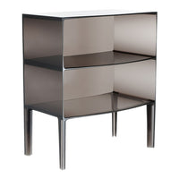 Sleek metallic gray cabinet with smooth, reflective surfaces and minimalistic design, featuring two open shelves.