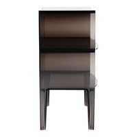 Smoky gray nightstand with a modern design, featuring transparent shelves and clean lines.