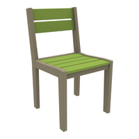 Green slatted seat and backrest with a brown wooden frame, showcasing a modern design perfect for outdoor use.