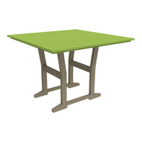Square outdoor table in vibrant lime green with a slatted design and light brown legs. Perfect for patio decor.