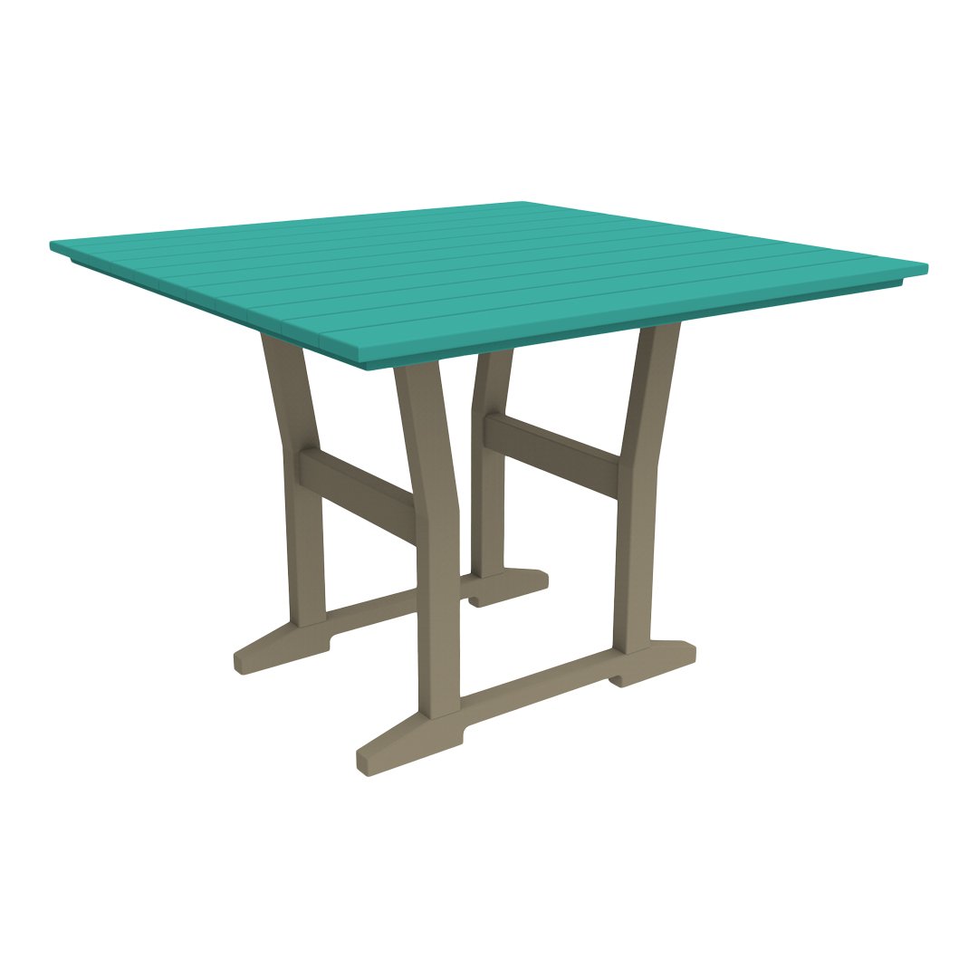 Square outdoor dining table with a vibrant turquoise top and neutral beige legs, featuring a slatted design.
