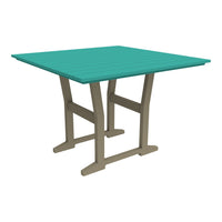 Square outdoor dining table with a vibrant turquoise top and neutral beige legs, featuring a slatted design.