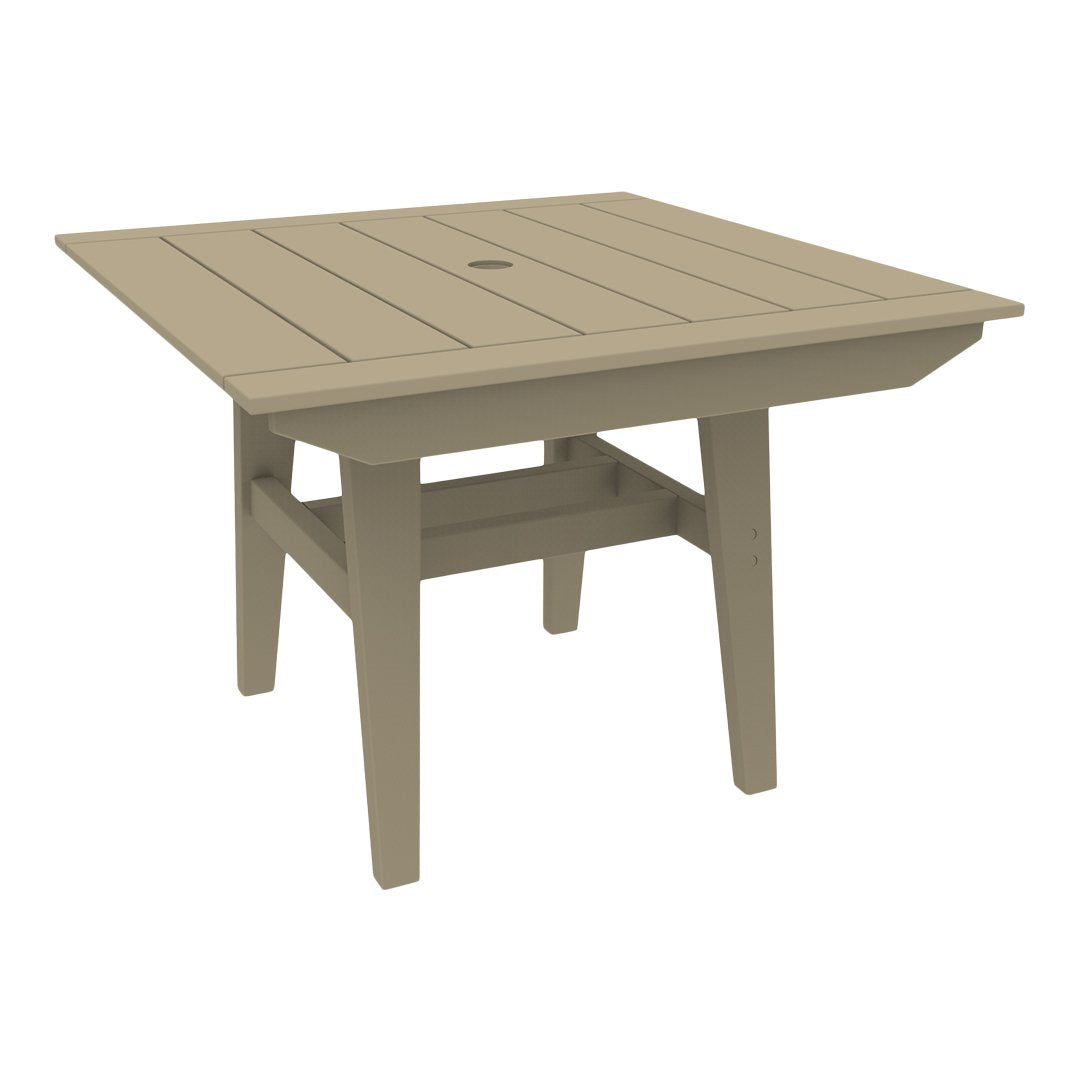 Square outdoor table in soft taupe, featuring slatted design and sturdy legs for a modern look.