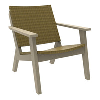 Beige outdoor chair with a textured, woven brown seat and backrest. Modern design with light gray wooden frame.