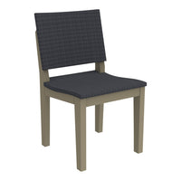 Gray plaid upholstered chair with a light beige wooden frame. Perfect for modern dining spaces.
