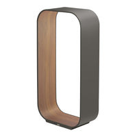 Sleek gray lamp with a warm wood interior, featuring a modern oval shape and minimalistic design.