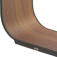 Curved design featuring warm wood grains and sleek black edges, perfect for modern decor.