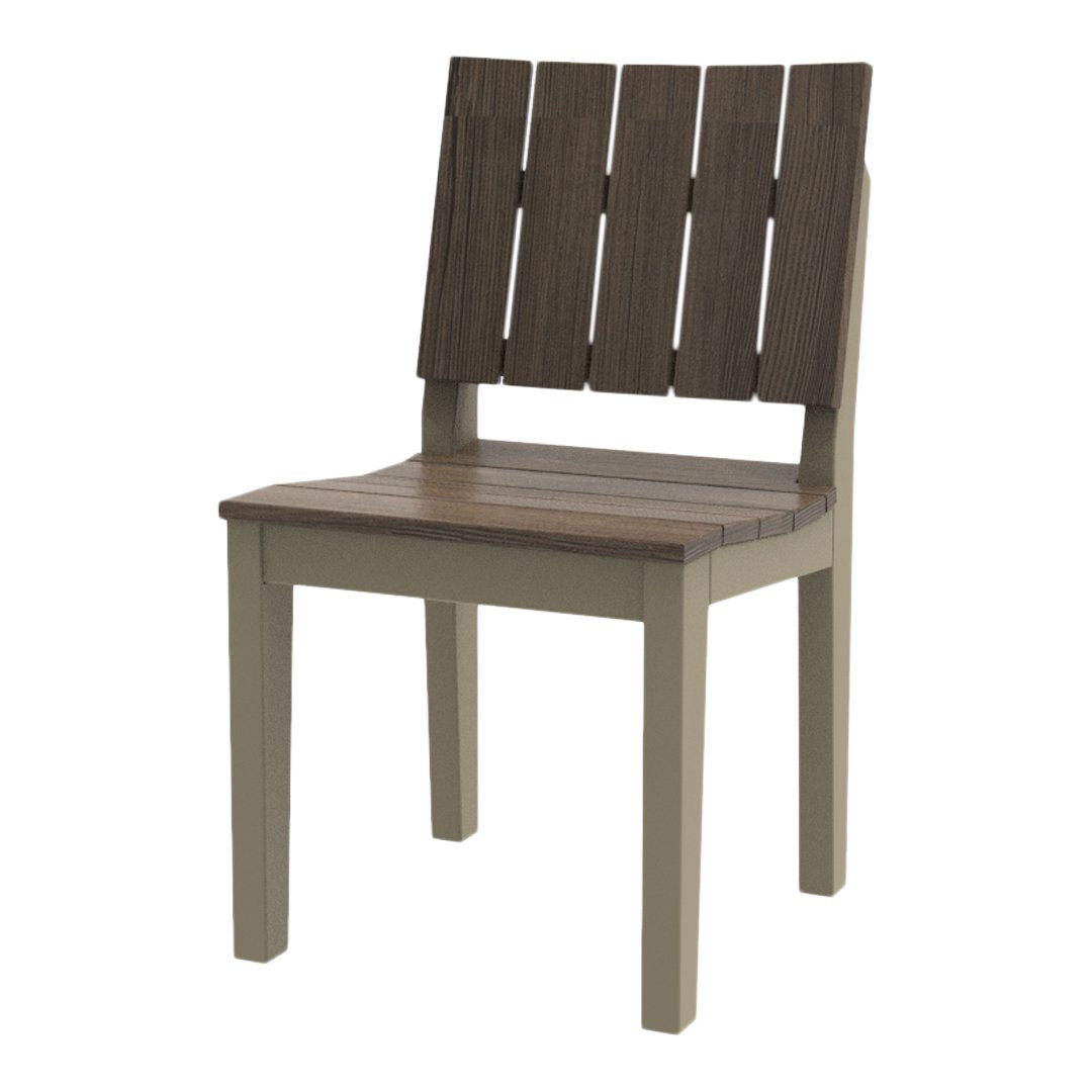 Wooden chair with a dark brown slatted backrest and a light taupe frame, featuring a sleek and modern design.