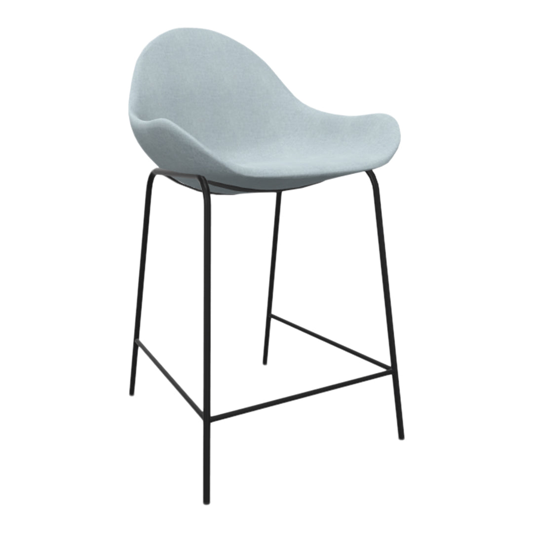Light blue modern bar stool with a soft, curved seat and black metal legs. Ideal for contemporary decor.
