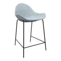 Light blue modern bar stool with a soft, curved seat and black metal legs. Ideal for contemporary decor.