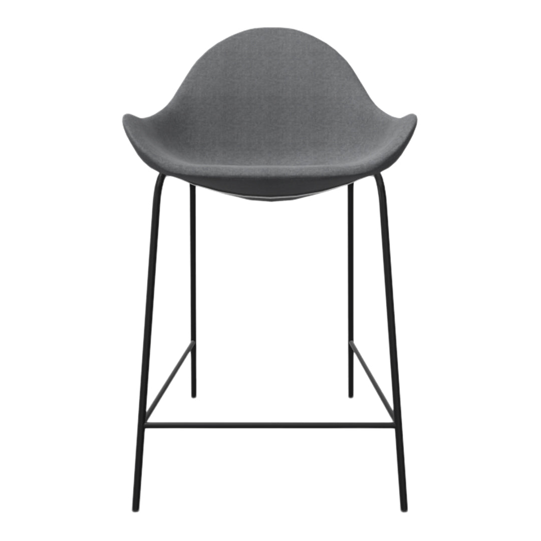 Gray upholstered bar stool with smooth, rounded seat and sleek black metal legs. Modern, minimalist design.