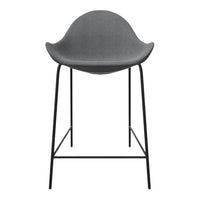 Gray upholstered bar stool with smooth, rounded seat and sleek black metal legs. Modern, minimalist design.