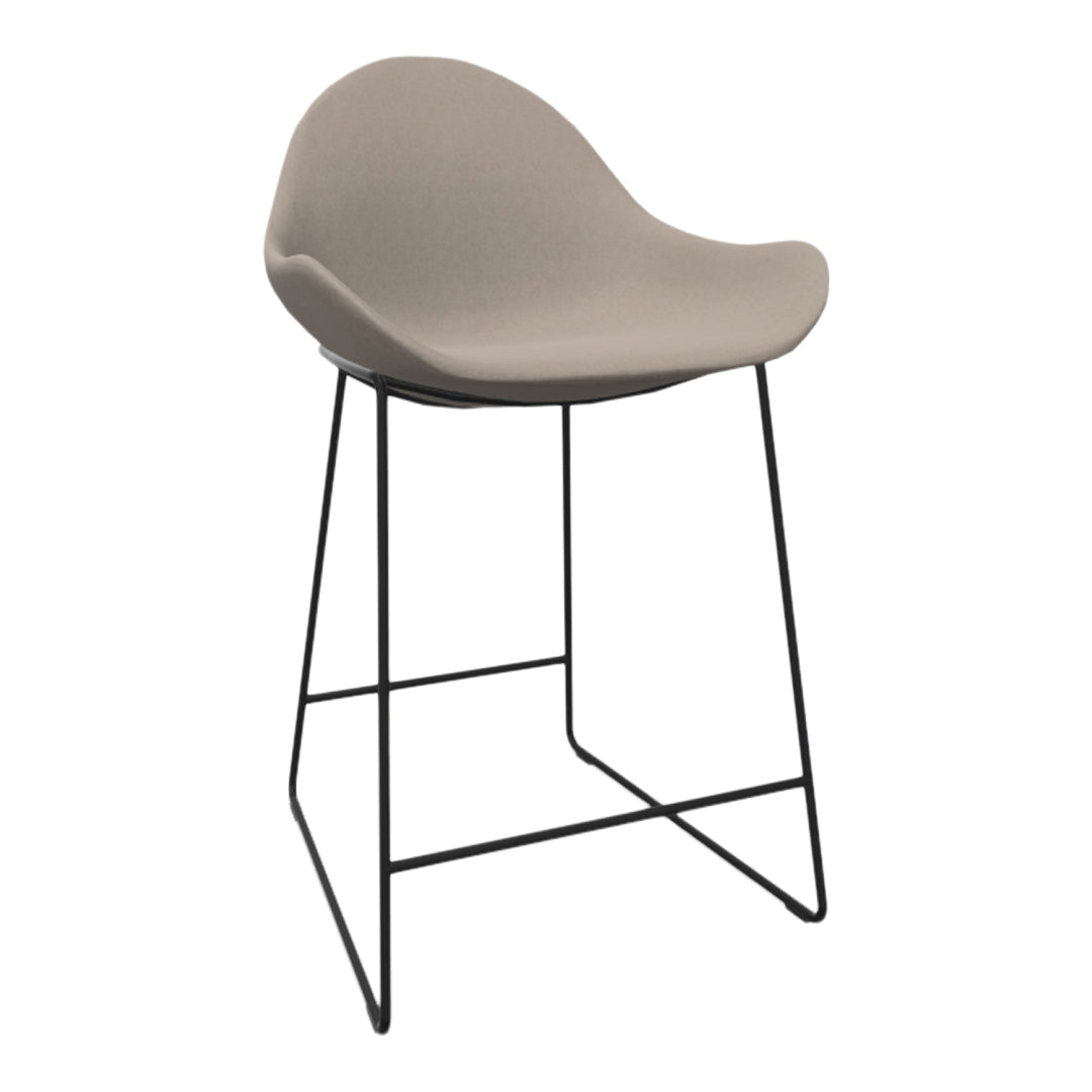 "Modern beige upholstered bar stool with sleek black metal legs, perfect for stylish home decor."
