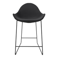 Black modern stool with a curved seat and sleek metal legs, showcasing a minimalist design. Perfect for any decor.