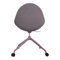 Back of a modern chair in textured lavender fabric with a sleek pink base and black wheels.