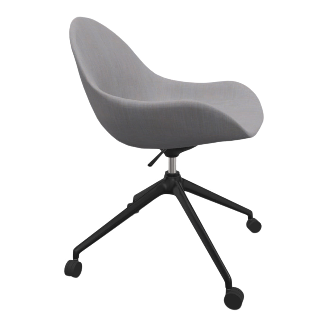 Gray upholstered chair with a sleek design and a sturdy black swivel base. Modern and minimalist aesthetic.
