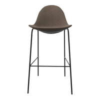 Brown upholstered bar stool with a sleek black metal frame, featuring a minimalist design and smooth curves.