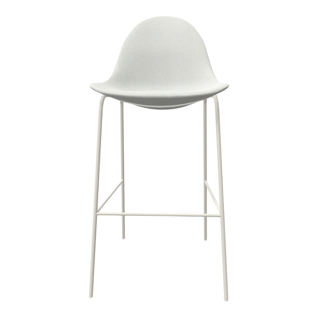 Minimalist white bar stool with a smooth, curved seat and slender white metal legs. Ideal for contemporary decor.
