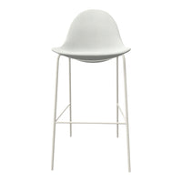 Minimalist white bar stool with a smooth, curved seat and slender white metal legs. Ideal for contemporary decor.