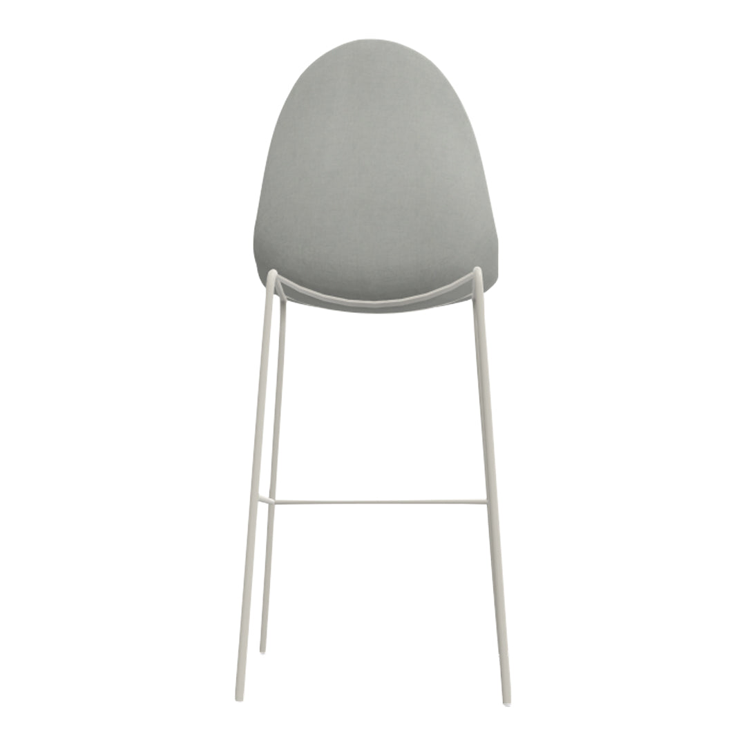 Light gray upholstered stool with a smooth finish and white metal legs, featuring a sleek modern design.