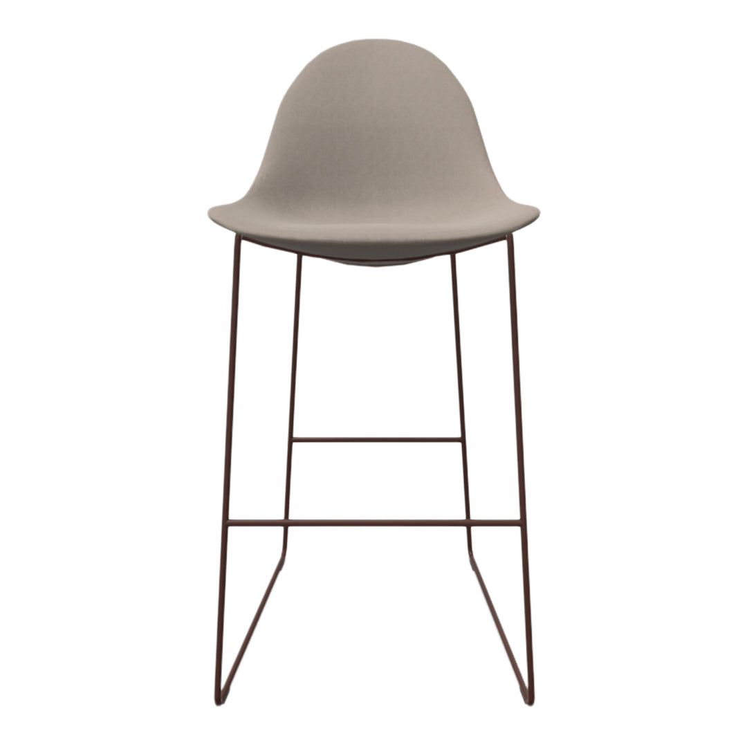 Light taupe bar stool with a minimalist design and sleek brown metal legs. Perfect for modern interiors.