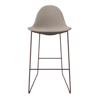 Light taupe bar stool with a minimalist design and sleek brown metal legs. Perfect for modern interiors.