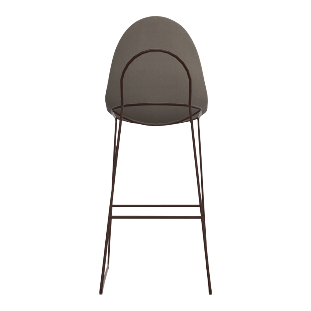 Brown metal bar stool with a soft gray upholstered seat, featuring a sleek minimalist design and contemporary patterns.