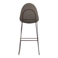 Brown metal bar stool with a soft gray upholstered seat, featuring a sleek minimalist design and contemporary patterns.