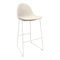 Elegant white bar stool with a smooth, minimalist design and sleek white metal legs, perfect for modern spaces.