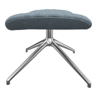 Gray upholstered stool with a textured pattern and sleek silver metallic base. Modern design perfect for any space.