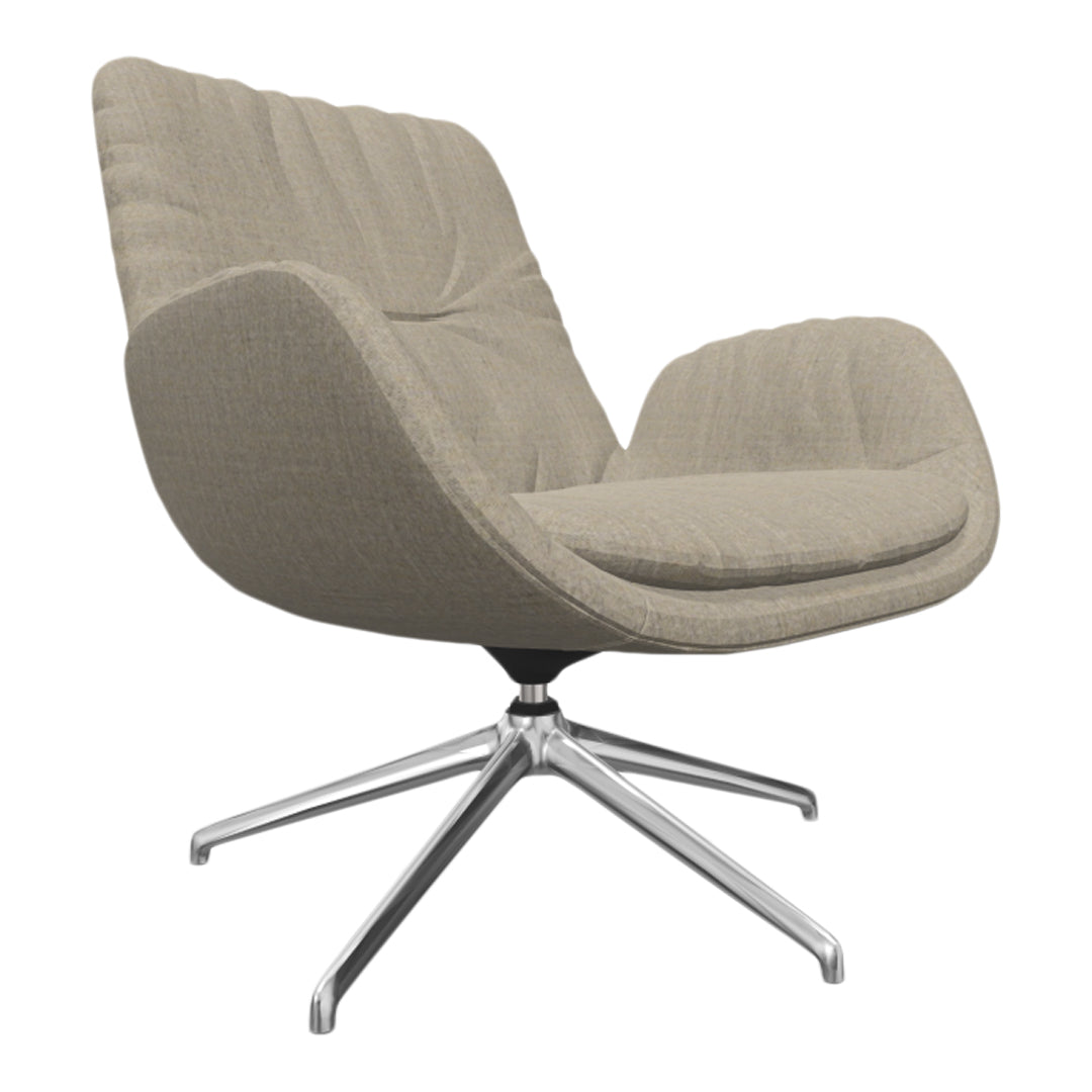 Beige armchair with a textured fabric and sleek silver base, ideal for modern décor.