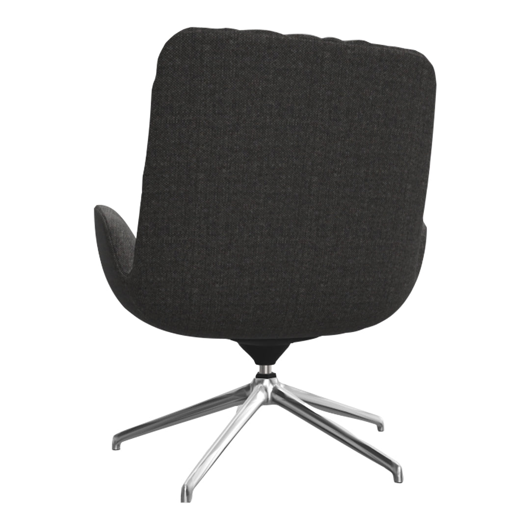 Stylish dark gray upholstered chair with a sleek silver base, featuring a textured fabric pattern for modern appeal.