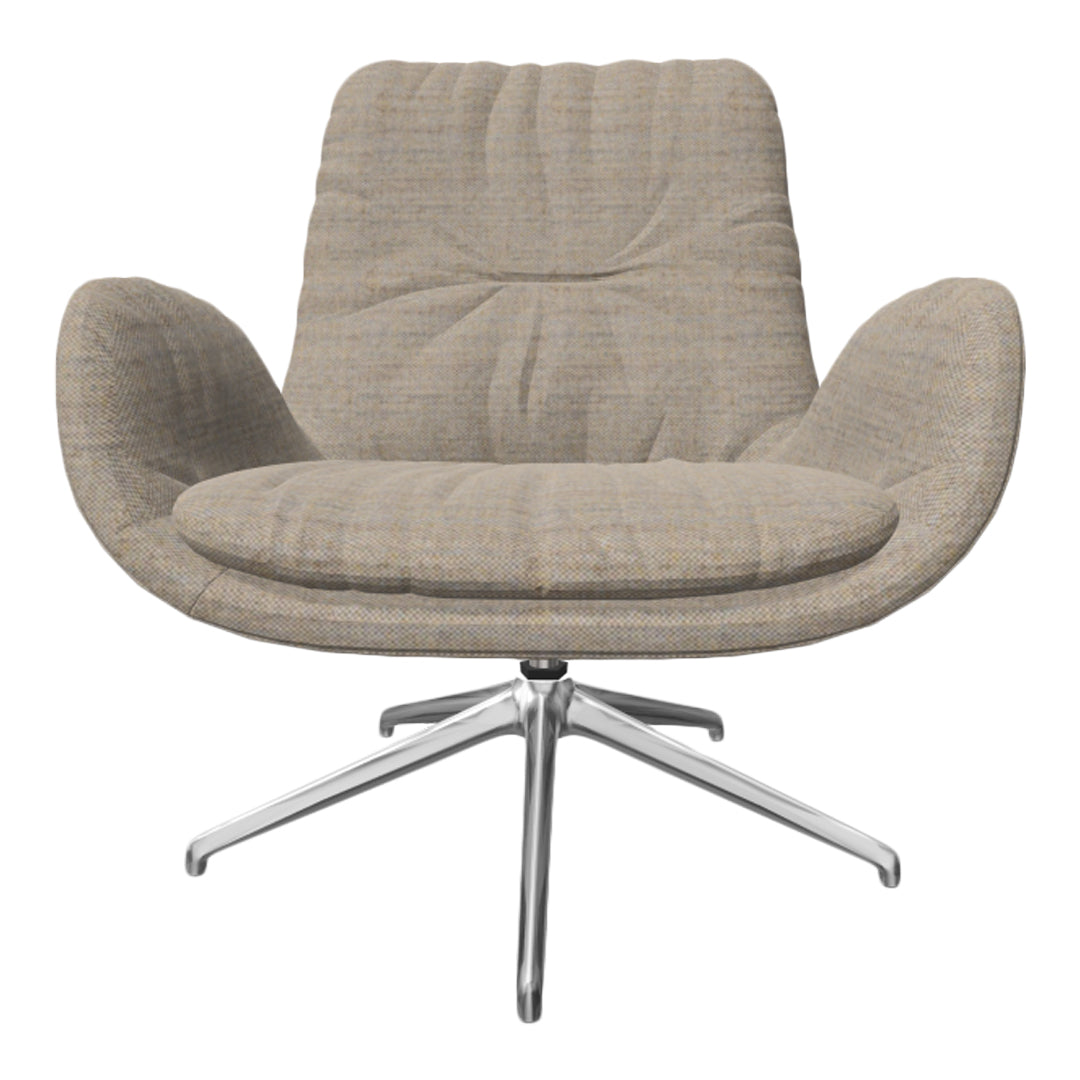Beige upholstered chair with soft texture and subtle checkered pattern, featuring a sleek chrome base.