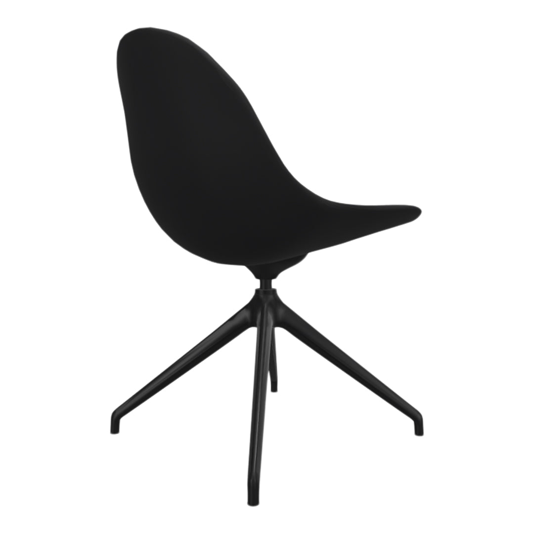 Sleek black chair with a smooth surface and minimalist design, featuring a sturdy black base.