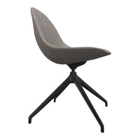 Gray upholstered chair with a sleek curved design and black metal legs, showcasing modern minimalist style.
