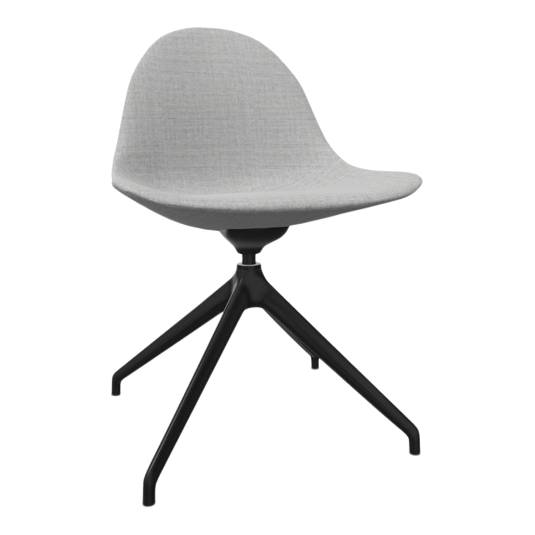 Stylish gray fabric chair with a sleek black base, featuring a smooth, minimalist design and textured upholstery.