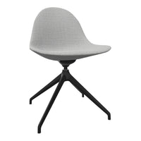 Stylish gray fabric chair with a sleek black base, featuring a smooth, minimalist design and textured upholstery.