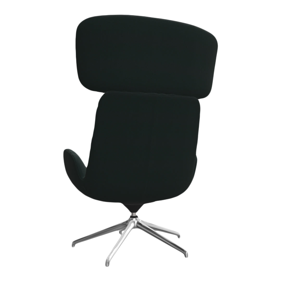 Sleek black upholstered chair with modern design and chrome base, perfect for contemporary interiors.