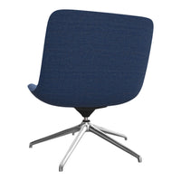 Modern swivel chair with a dark blue textured fabric and sleek silver metal base. Elegant and stylish design.
