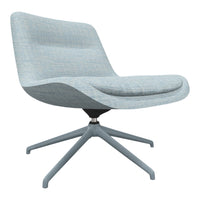 Light blue armchair with a textured fabric pattern and a sleek gray base, perfect for modern decor.