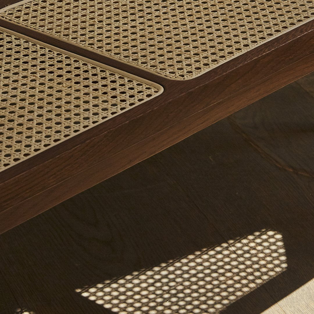 Brown wooden surface with light beige mesh patterns, showcasing a modern and stylish design.