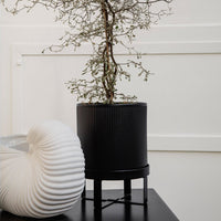 Black ribbed planter with a minimalist design and a textured white decorative object beside it. Modern, neutral colors.