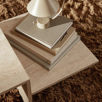 Light beige textured tabletop with stacked neutral-toned books, complemented by soft, warm brown carpet.