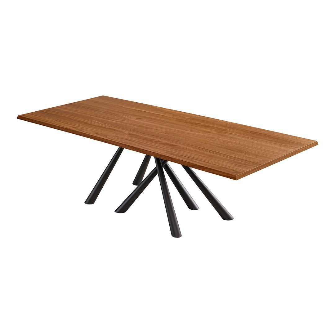 Rustic wooden table with a warm brown finish and sleek black metal legs. Simple, modern design.