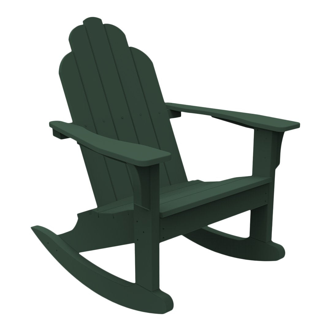 Dark green Adirondack rocking chair with classic slatted design, perfect for outdoor relaxation.