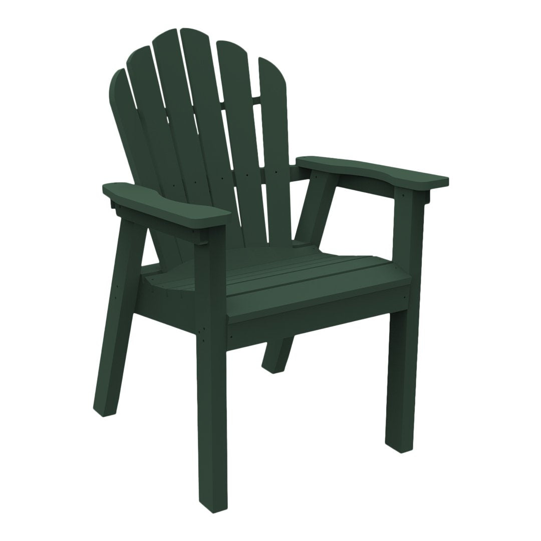Dark green Adirondack chair with a classic slatted backrest and sturdy armrests, perfect for outdoor relaxation.